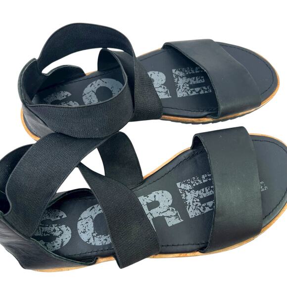 SOREL Ella Leather Flat Sandal Criss Cross Elastic Straps in Black Women's 8.5 - Picture 9 of 13